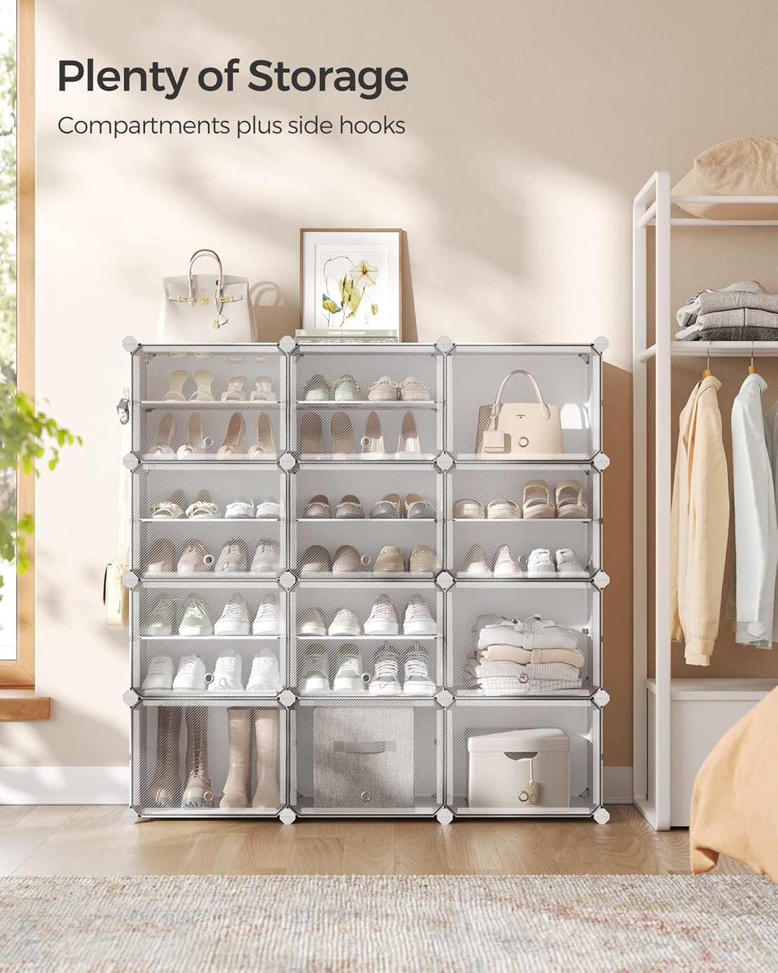 SONGMICS Organizator pantofi modular cu 12 compartimente, cadru metalic si panouri din plastic, cu usi, 124x32x125 cm, alb