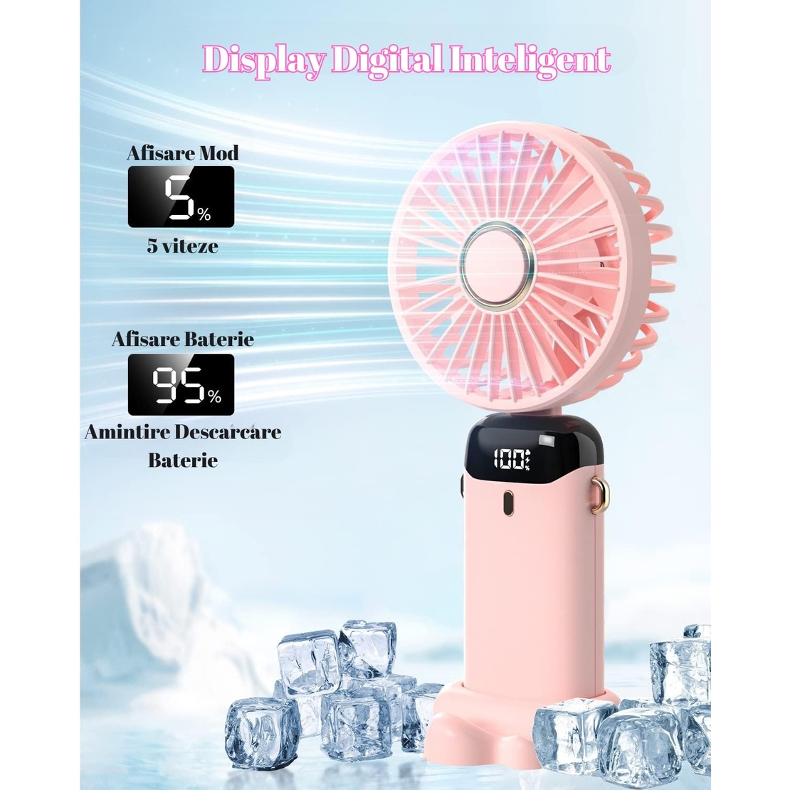 Ventilator Ultra Portabil cu Aromaterapie, Vafy, 3 in 1, de Mana, de Birou, de Gat, 5 Trepte de Viteza, Incarcare USB, Autonomie 12h, Pliabil, cu Ecran LCD, Roz
