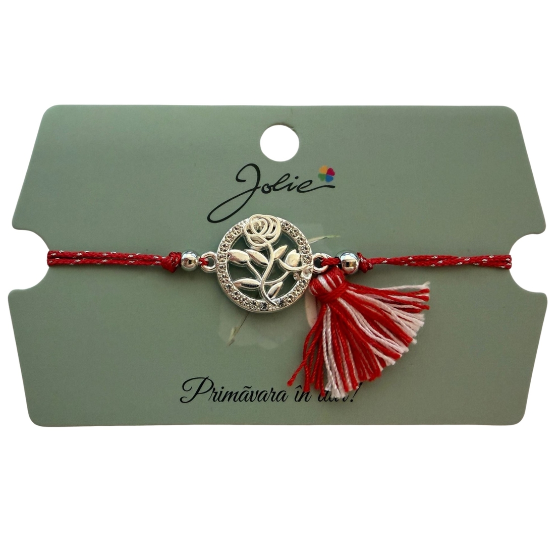Martisor Bratara Ciucure, Jolie, Snur Rosu Reglabil, Model Trandafir, Argintie