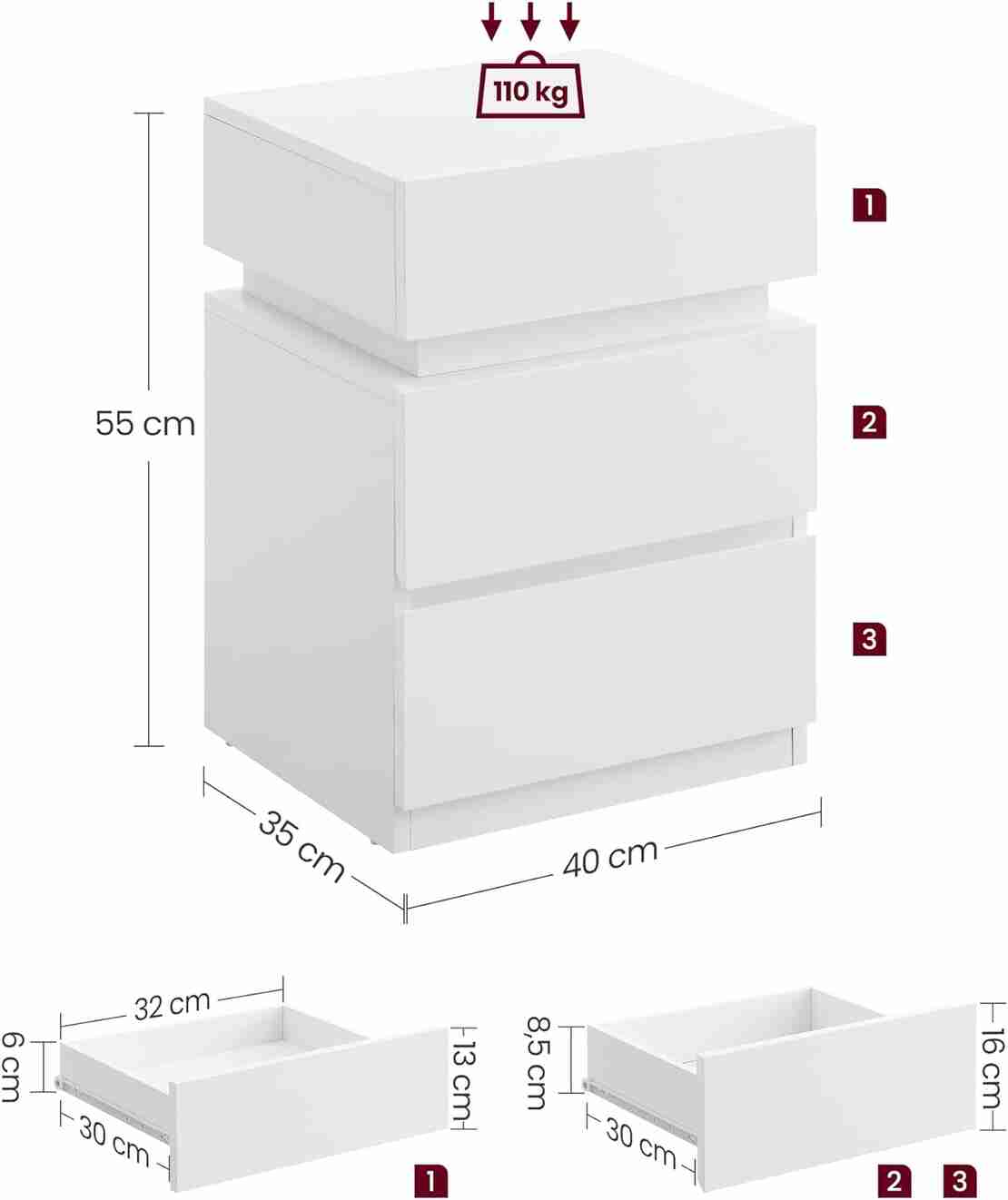 VASAGLE Noptiera din MDF cu iluminare LED, culori si intensitate reglabile, 35x40x55cm, alb