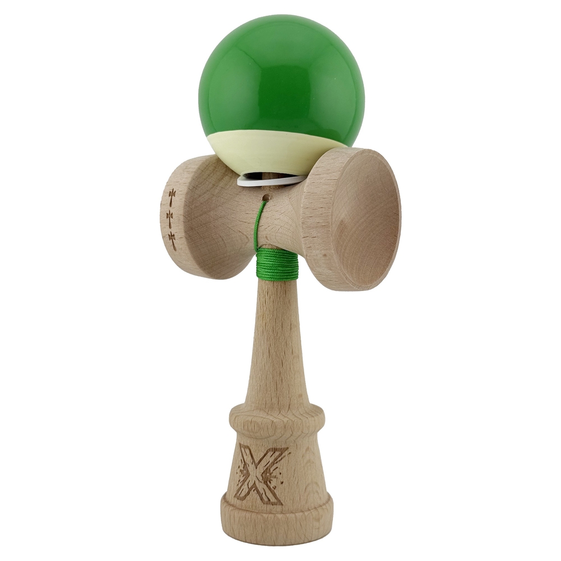 Kendama X Originala, Profesionala, Flippy, Super Sticky cu Cupe Mari KING SIZE V3, Gaura in Baza, Rulment Metalic, din lemn 18 cm, Ata 62/65 cm, Bicolor Verde/Alb
