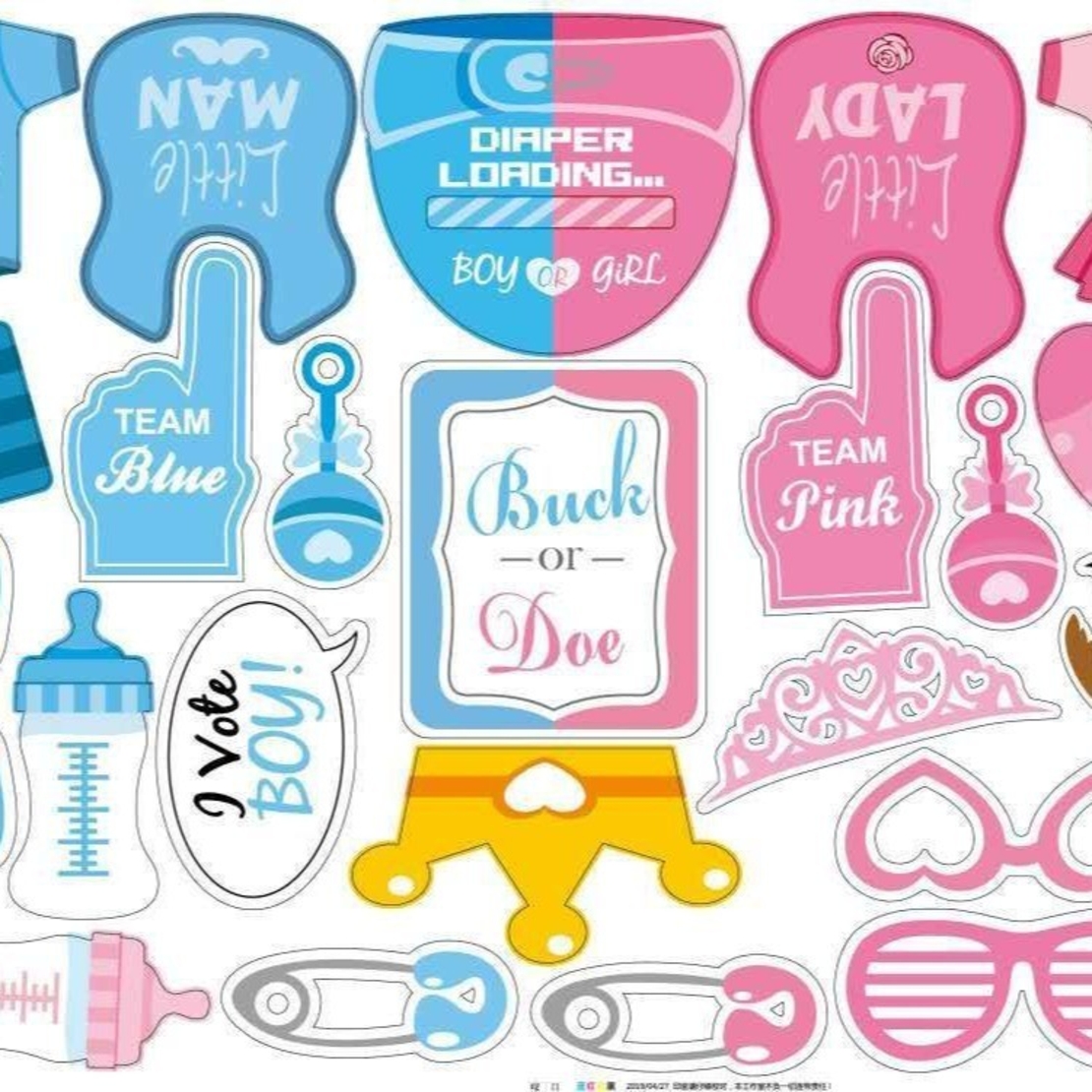 Set 30 de Accesorii pentru Petrecere, Vafy, Props pentru Coltul de Poze, Gender Reveal, Tematica Baby Shower, Albastru-Roz
