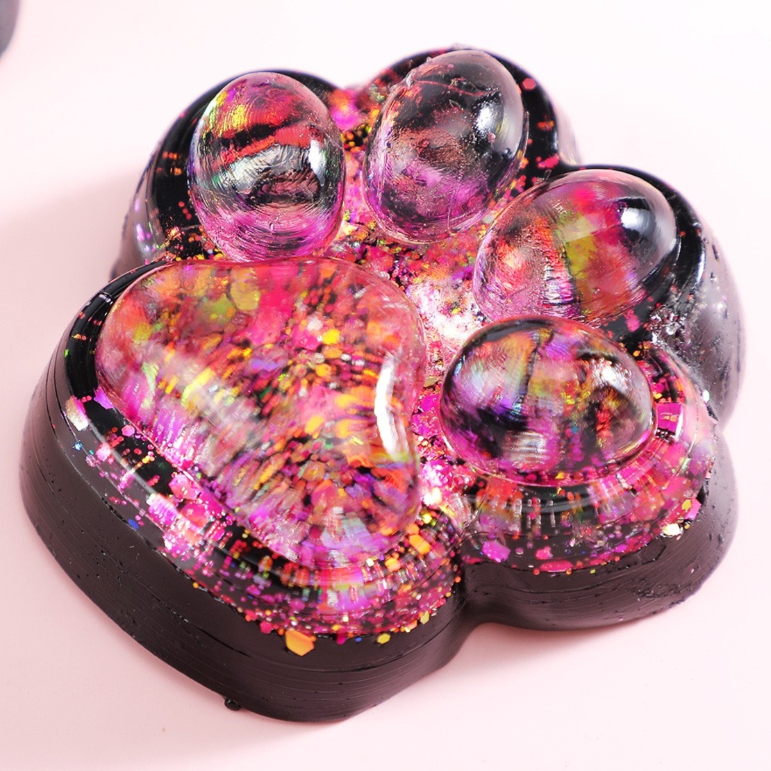 Jucarie Antistres Squishy, Flippy, cu Revenire Lenta, Squeeze Pinch Family, Model Labuta de Pisica cu Sclipici, 6.5x6 cm, 60g, Ambalaj Transparent, Roz-Negru