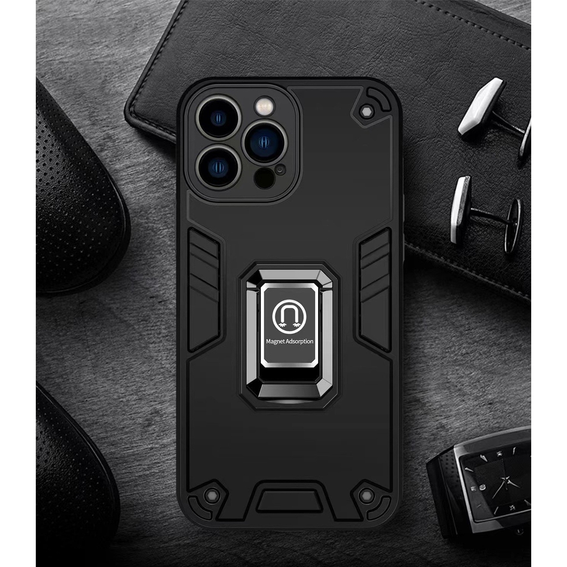 Husa Iron Warriors pentru iPhone 14 Pro Max, Vafy, Hybrid Ring Holder Kickstand, Negru