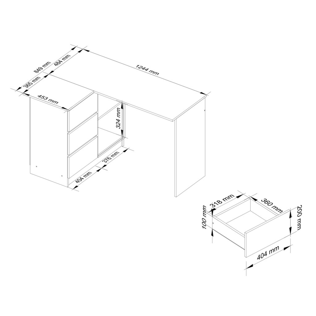 Birou colt stanga, cu 3 sertare si rafturi, PAL laminat, 124x85x77 cm, stejar craft