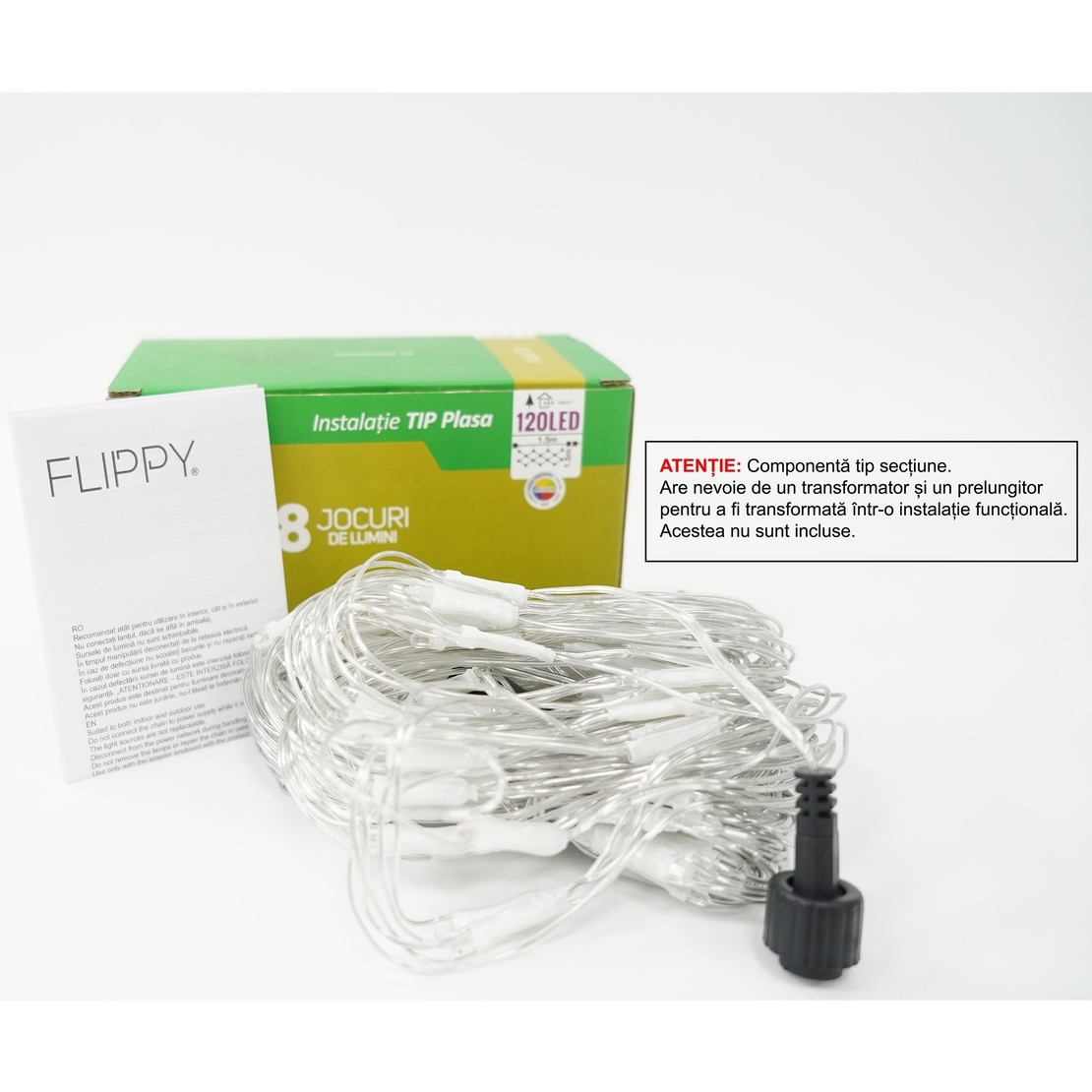 Sectiune Instalatie de Craciun Vafy, Tip Plasa, 120 LED-uri, 1.5 x 1.5 m, 8 jocuri de lumini, Interconectabila, Fir transparent, Multicolor