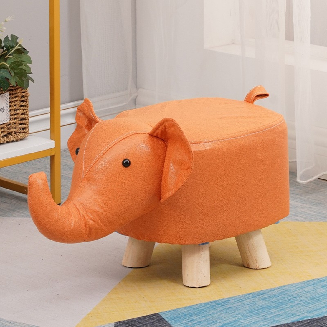 Taburet pentru Copii, Vafy, Scaun Tip Taburet, Model Elefant, din Lemn Masiv, Scaun pentru Copii, 30 x 25 x 25 cm, Portocaliu
