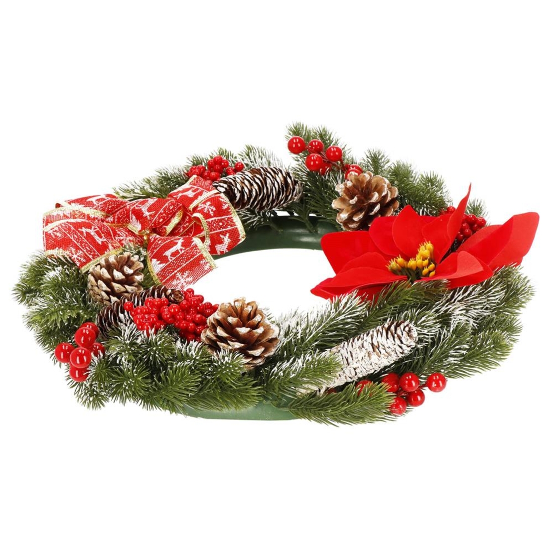 Coronita pentru Craciun, 40 cm, din brad artificial 3D, cu conuri si zapada, verde