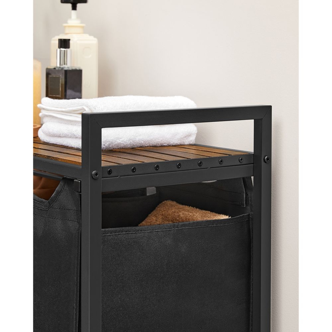 VASAGLE Cos de rufe, 3 compartimente, saci de rufe detasabili, raft, cadru metalic, 3x38L, 93x33x72 cm, maro vintage si negru