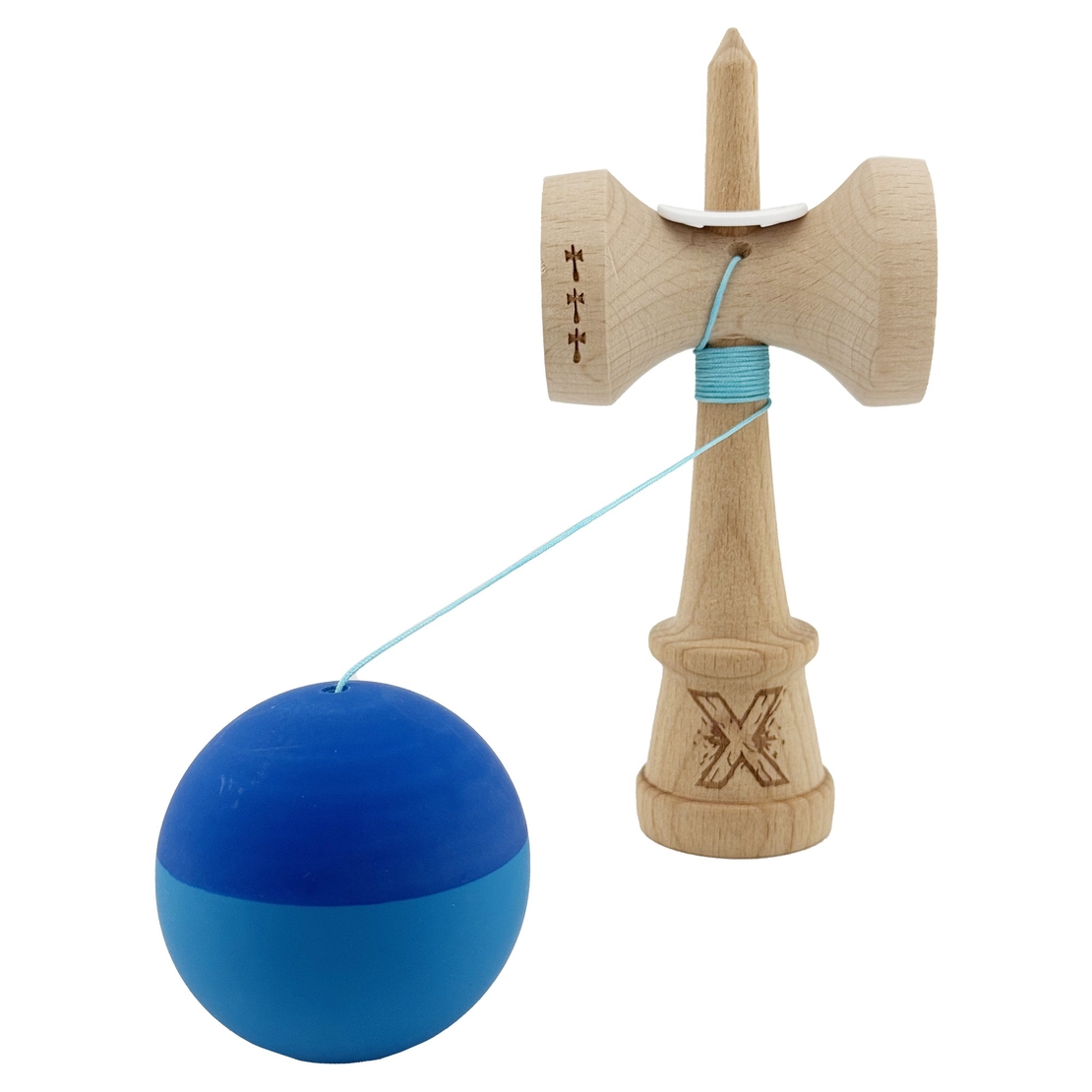 Kendama X Originala, Profesionala, Flippy, Rubber Grip, Cupe Mari KING SIZE V3, Gaura in Baza, Rulment Metalic, din lemn 18 cm, Ata 62/65 cm, Bicolor Albastru/Albastru deschis