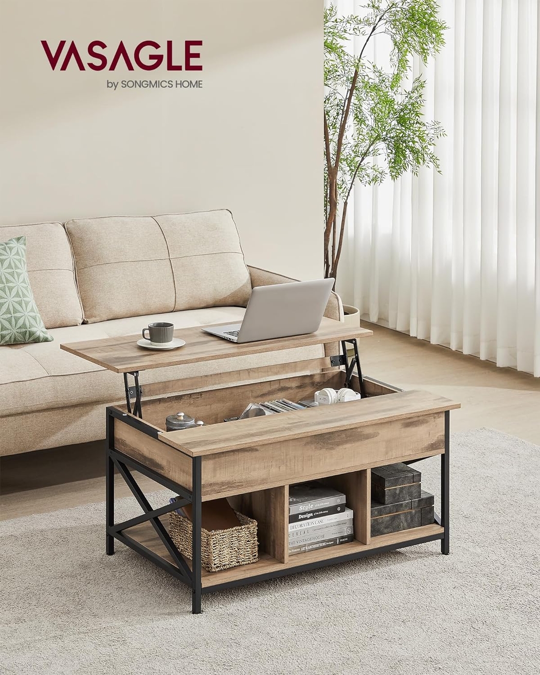 VASAGLE Masa de cafea cu inaltime reglabila, spatiu de depozitare ascuns, 60x100x(48-62) cm, gri stejar