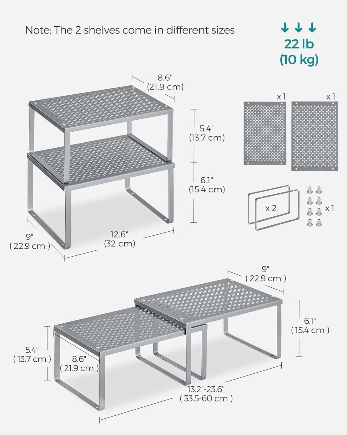 SONGMICS Set 2 rafturi de bucatarie metalice, suprapozabile, pentru ustensile sau condimente, 23x32x16cm, gri