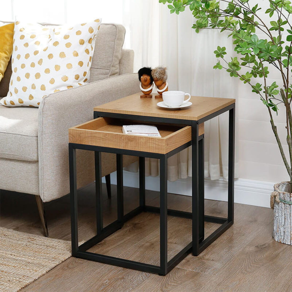 VASAGLE Set 2 masute de cafea suprapozabile, blat din PAL si cadru metalic, 55x40x45 cm, maro natur
