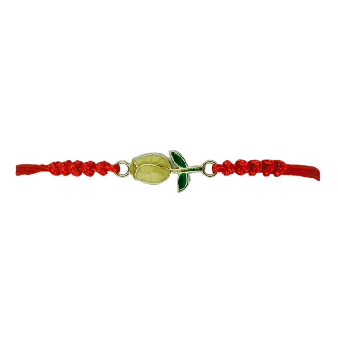 Martisor Bratara pentru Dama si Copii, Jolie, Model Lalea Galbena, Set 12 bucati, Pandantiv Emailat, Snur Reglabil, Rosu/Verde