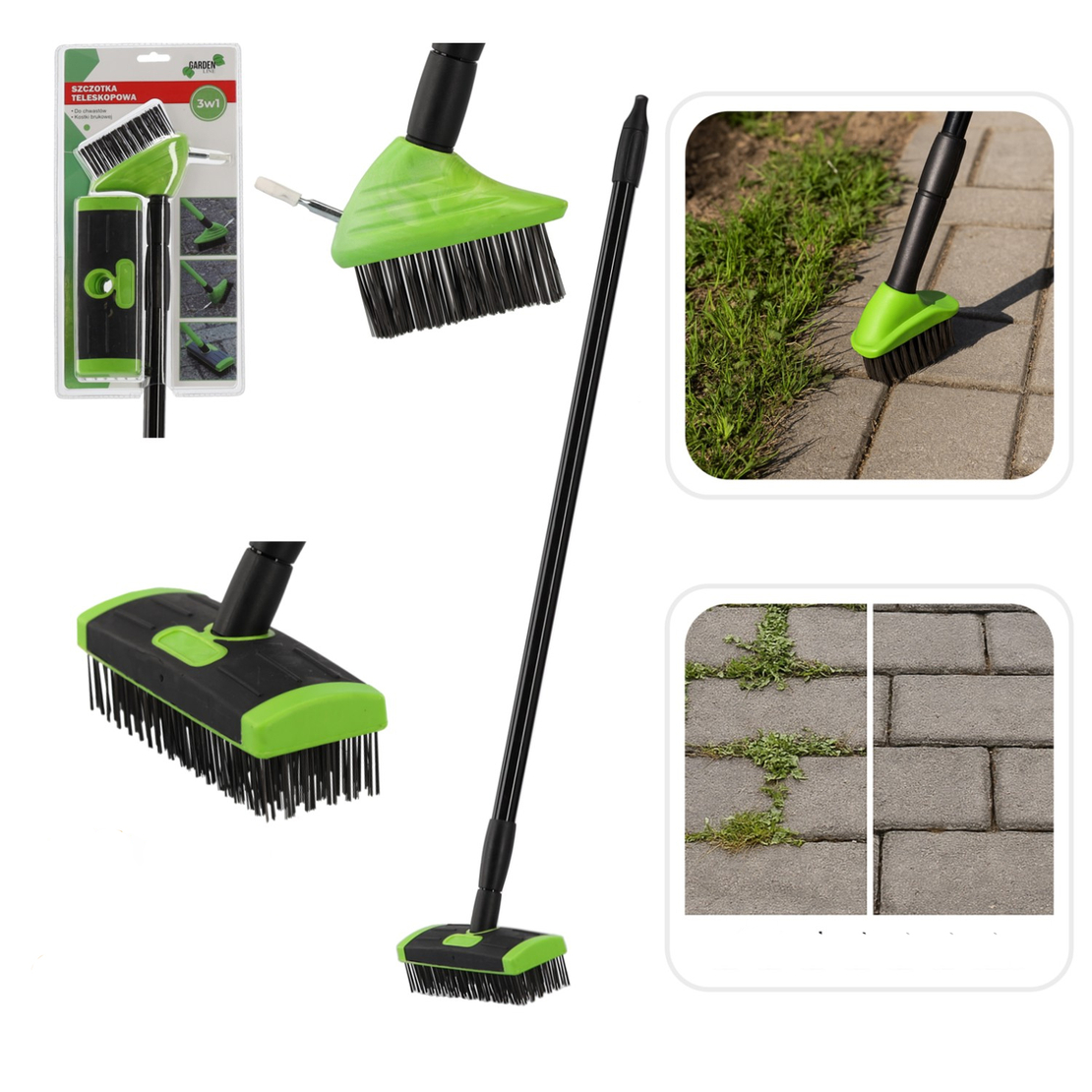 Perie telescopica 3 in 1 pentru buruieni si pavaj, cu peri din alama si maner metalic 140 cm, 3 piese