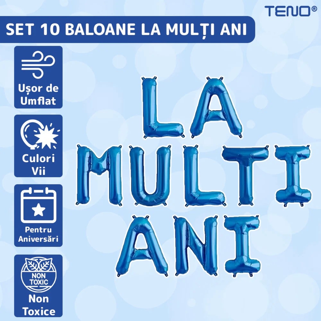 Set 10 Baloane din Folie Metalizata, Flippy, Figurine Litere, Model La multi ani, Tema Aniversare, 40 cm, Ambalaj Individual, Pai Inclus, Umflare cu
