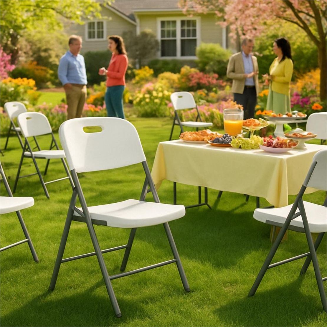Scaun pliabil HDPE cu cadru metalic, pentru catering sau gradina, 46x53x86 cm, 150 kg, alb