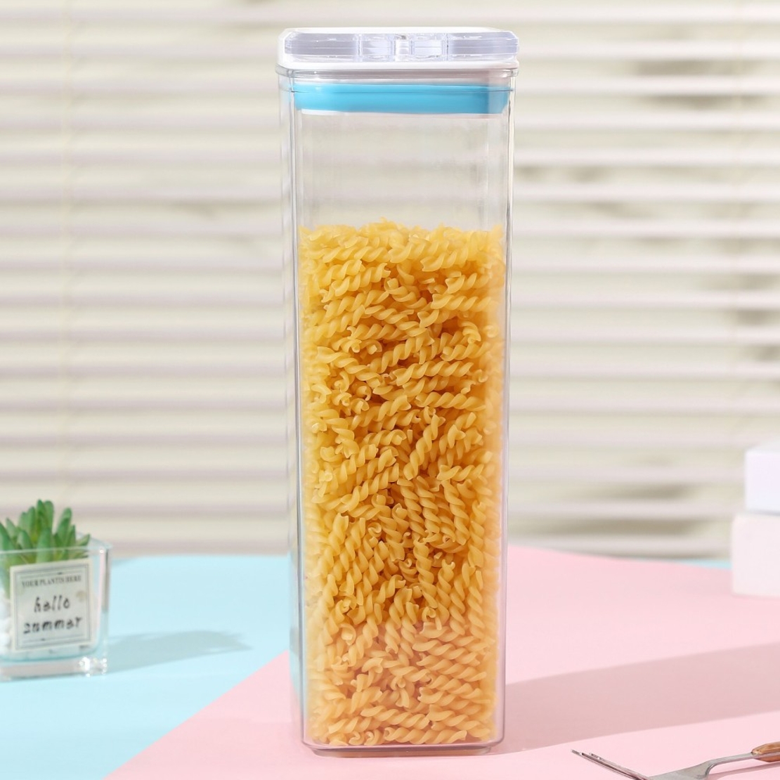 Cutie de Depozitare Alimente, Flippy, tip Container, 1.9L, 10x10x30.5 cm, Recipiente pentru Cereale in Bucatarie, Transparente cu Capac Alb-Albastru