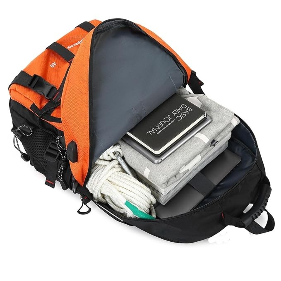 Rucsac Multifunctional de Alpinism, Flippy, Capacitate 36-55 L, de Calatorie, Impermeabil, Slot USB Incarcare Telefon, Bretele Reglabile, 52 x 34 x 19 cm, Portocaliu