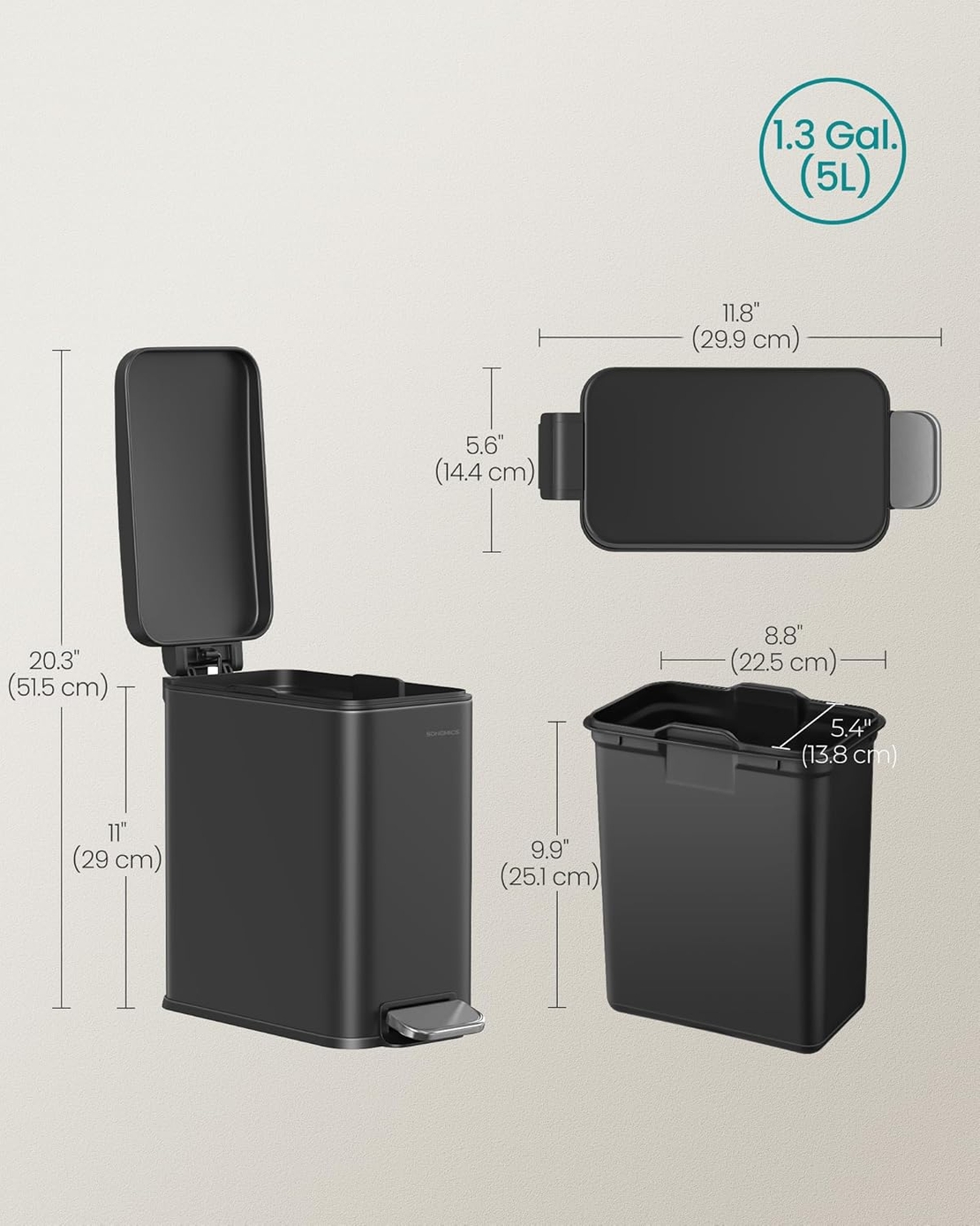 SONGMICS Cos de gunoi cu pedala, potrivit pentru baie, capac soft-close si galeata detasabila, otel inoxidabil, 5 litri, 30x14x29 cm, negru