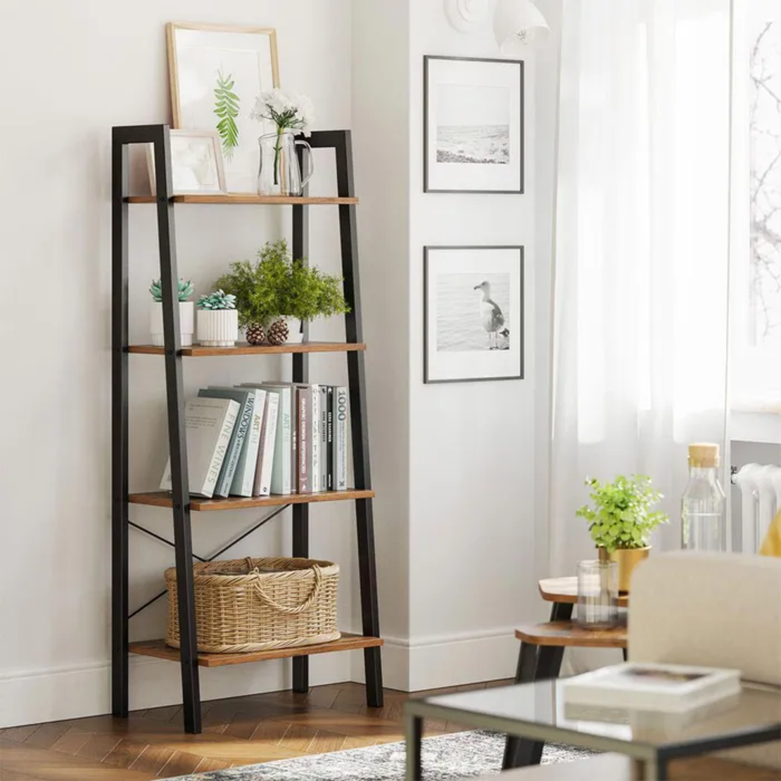 VASAGLE Biblioteca tip scara, cadru otel cu 4 polite din MDF, stil industrial, 56x34x138cm, maro rustic