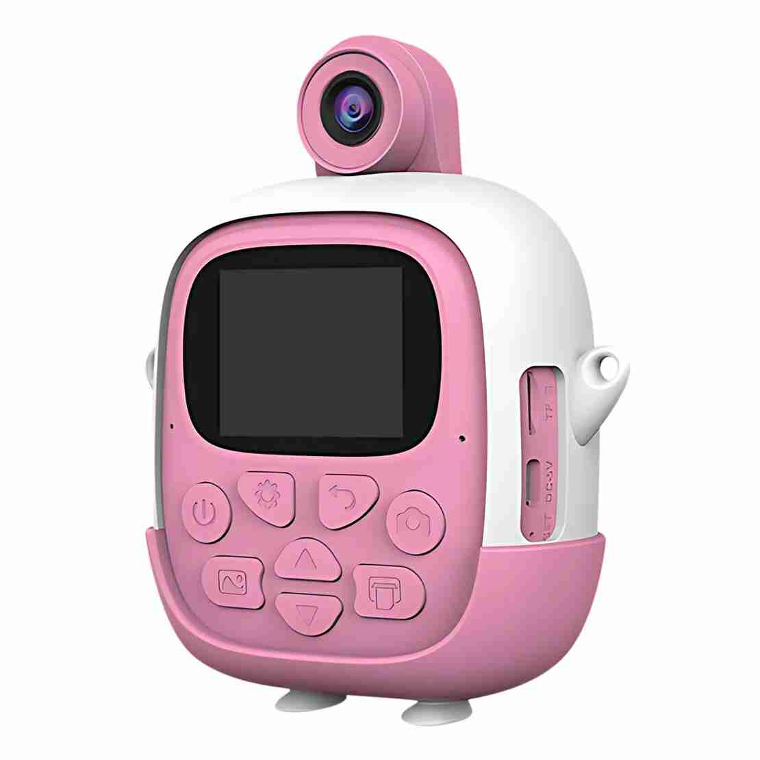 Set Camera Instantanee pentru Copii, Flippy, Ecran HD 2.4'', 24MP, 720P Video, 1200 mAh, cu Functie de Printare Alb-Negru, cablu USB-C, Bluetooth, Compatibil iOS/Android, Imprimare APP, Model Iepure Emoji, Roz
