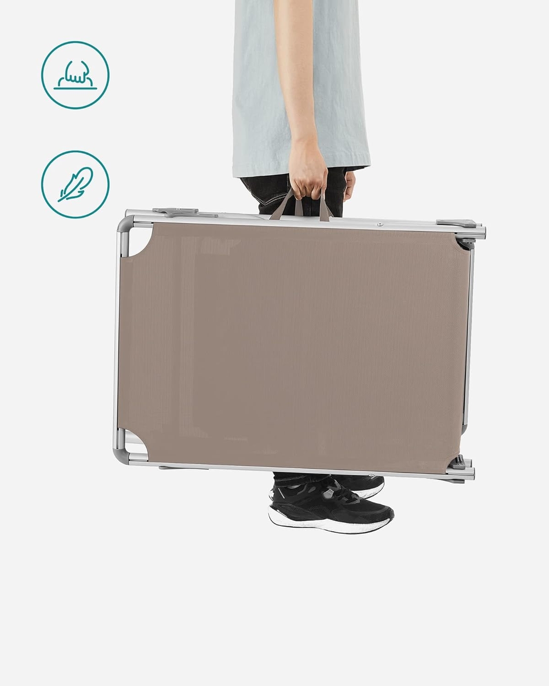 SONGMICS Sezlong pliabil, cu parasolar, spatar reglabil in 5 pozitii, maxim 150kg, 193x55x31cm, taupe