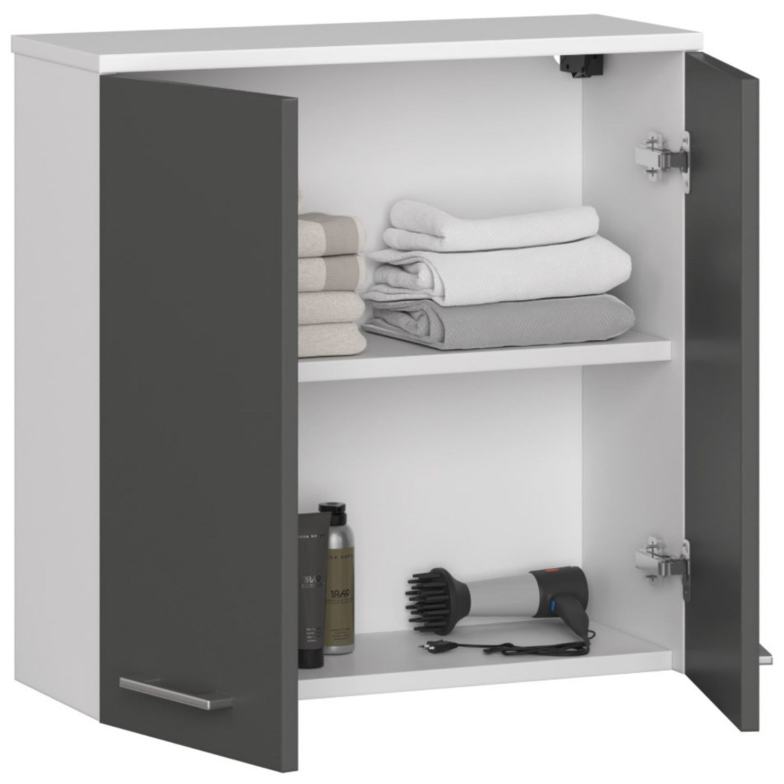 Dulap baie suspendat, cu 2 usi si 1 raft interior, PAL 16 mm, 60x23x60 cm, alb si gri