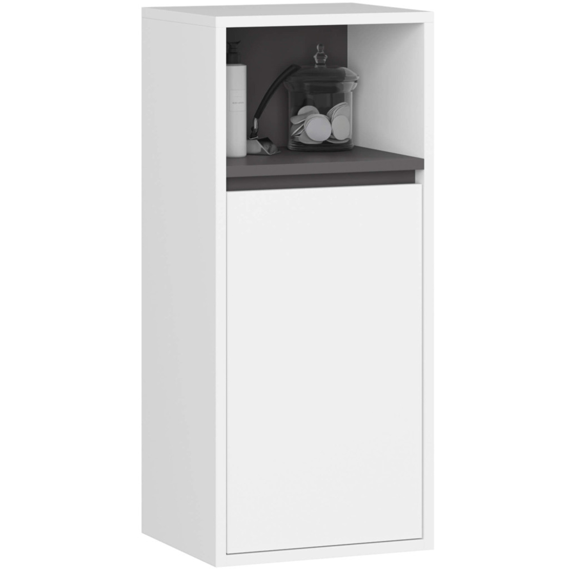 Etajera de baie suspendata, cu usa si 2 polite, PAL 16 mm, 35x30x80 cm, alb si gri