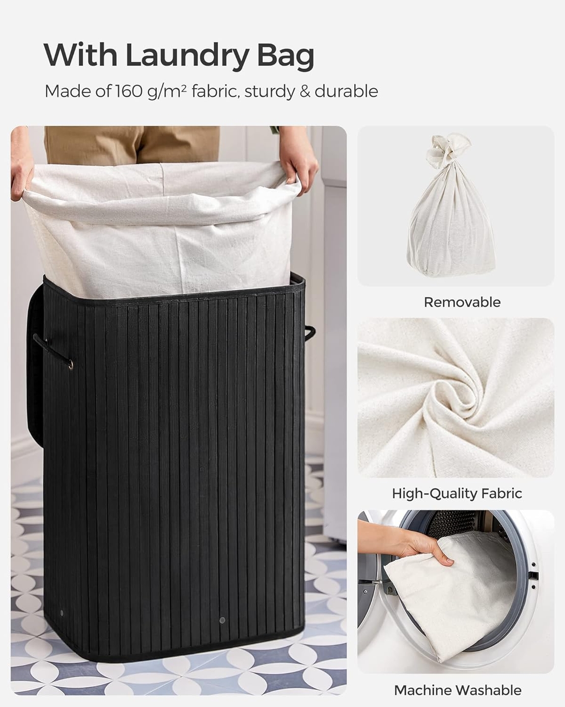 SONGMICS Cos de rufe din bambus, pliabil, cu captuseala detasabila lavabila, 72L, 40x30x60cm, negru
