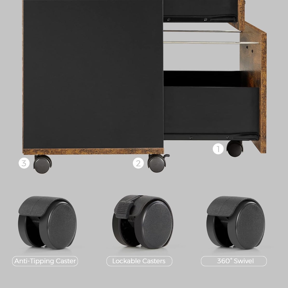 VASAGLE Dulap birou tip rollbox cu 2 sertare pentru documente A4, cu roti, stil industrial, 42x40x70 cm, maro rustic