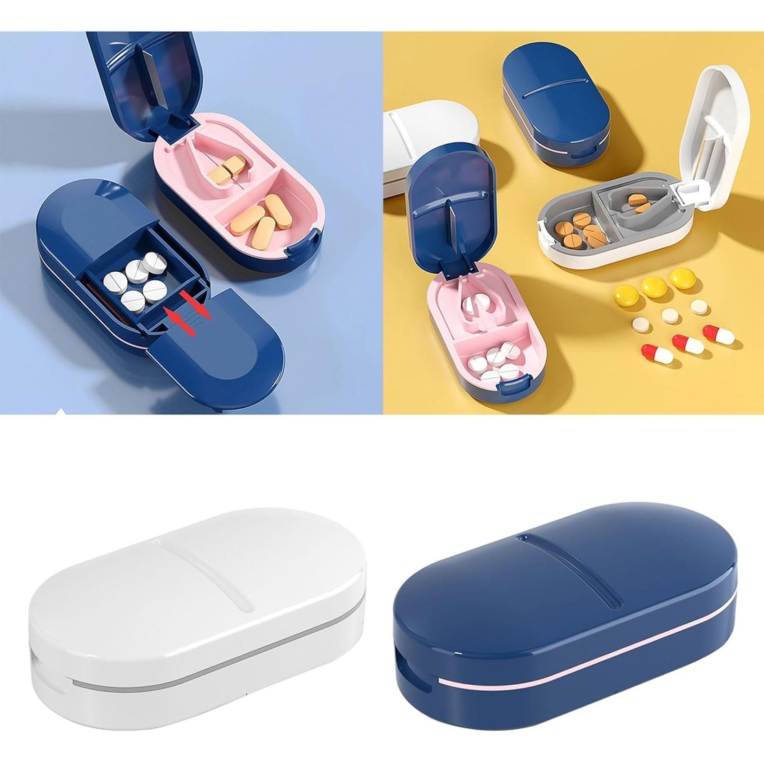 Organizator medicamente, Flippy, Dispozitiv Taiere/Sfaramare Pastile, Ideala pentru Calatorii, Portabila, Perie pentru Curatare, Compartiment depozitare, 8.5x4.5x2.5 cm, Albastru