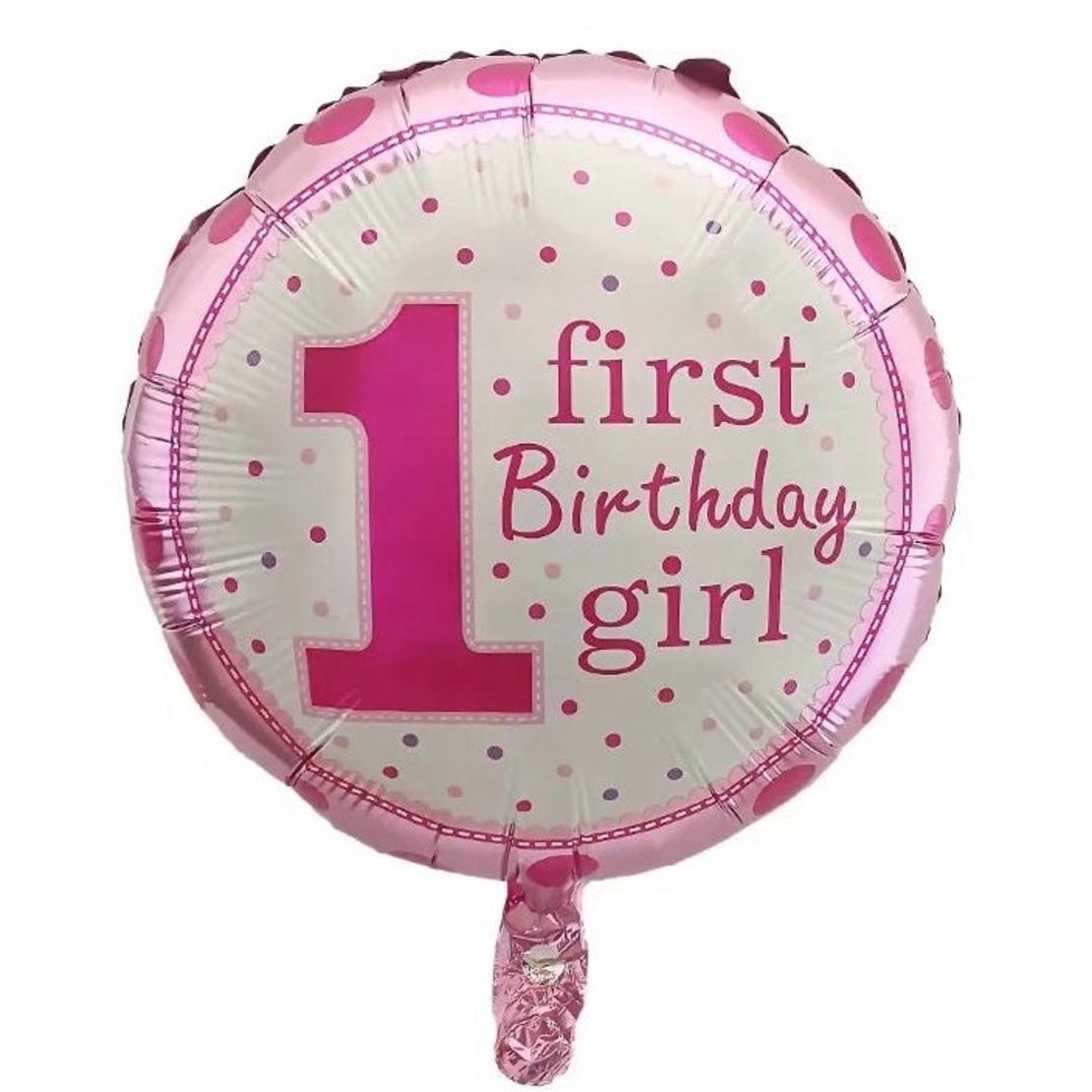 Balon din Folie Metalizata, Vafy, Prima Aniversare, Model First Birthday Girl, 45 cm, Ambalaj Individual, Pai Inclus, Umflare cu Aer sau Heliu, Roz