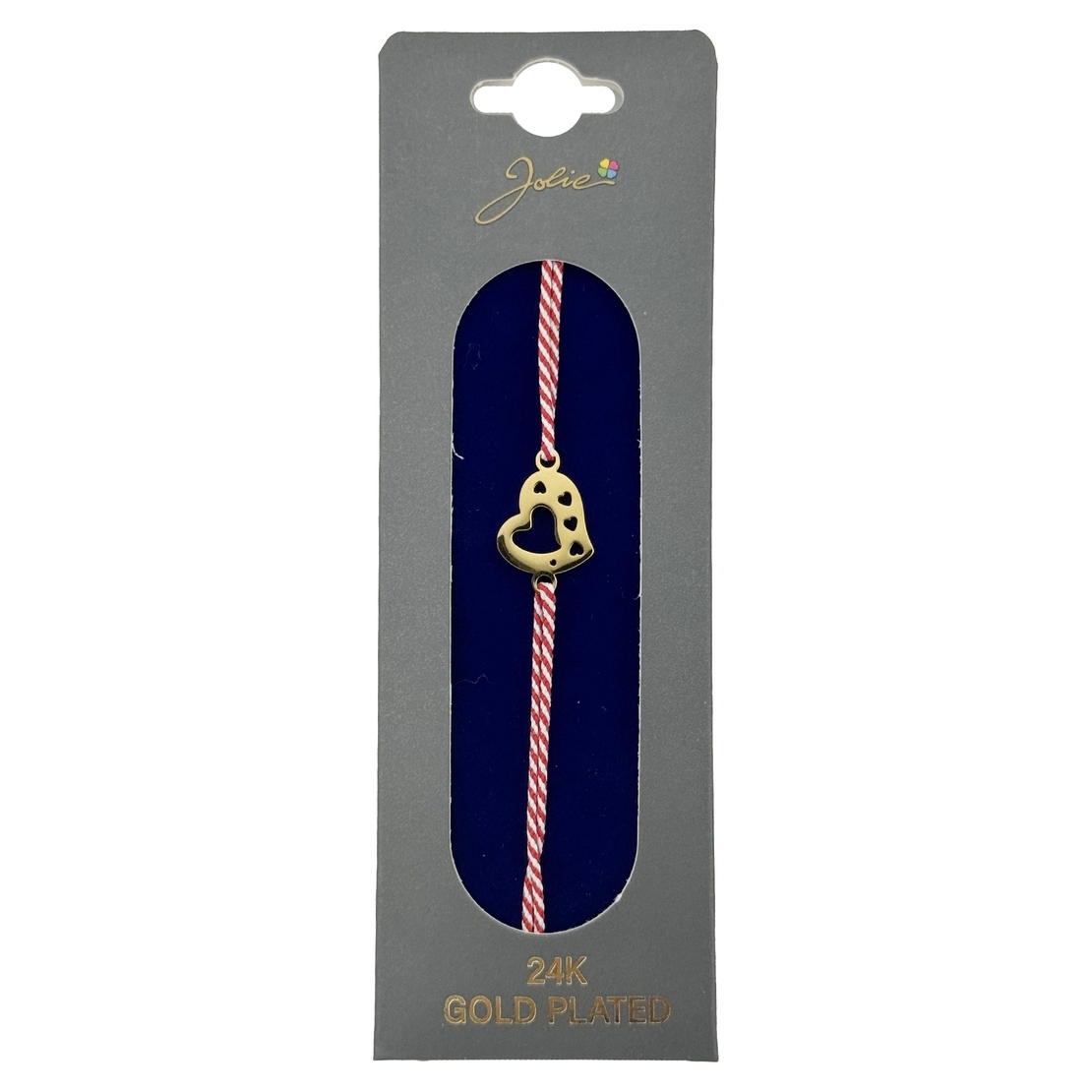 Bratara Placata cu Aur 24k, Jolie, Model INIMA, Martisor Bratara, cu Snur Alb/Rosu, Auriu