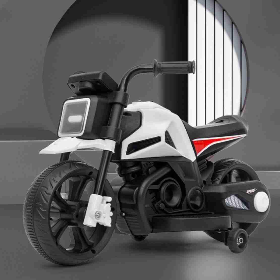 Motocicleta Electrica cu 2 Roti Mari si 2 Roti Ajutatoare, Flippy, Acumulator Incarcare, Anti-Rasturnare, Lumini, Muzica, Motor:380, Baterie 6V4.5, 41.5x70x34 cm, 4.5 Kg, 3 Ani+, Alb Negru