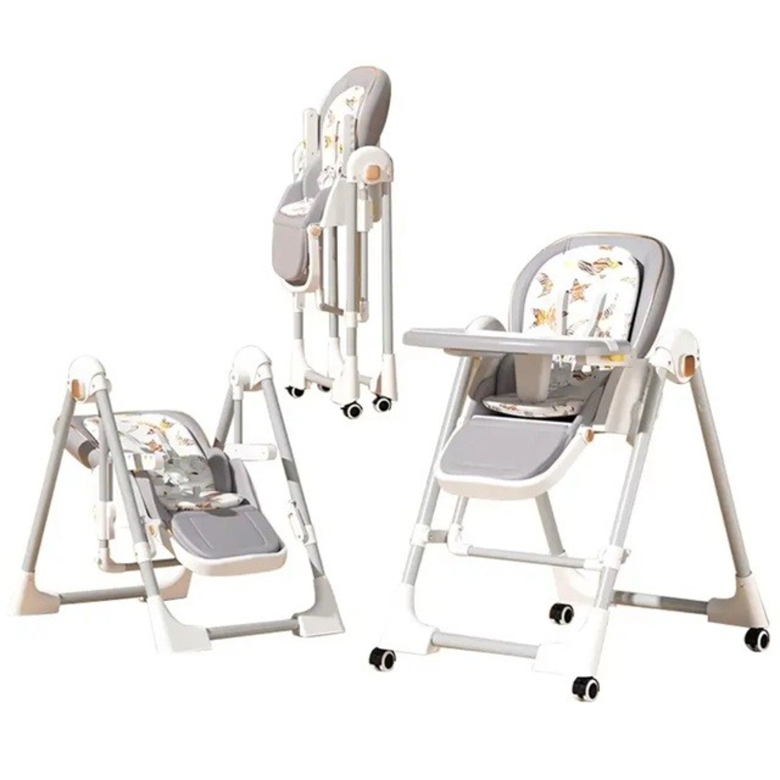 Scaun de Masa 2in1, Flippy, pentru Copii 6 luni - 4 Ani, Pliabil, cu Roti, Balansoar, Leagan, Reglabil, Tava de Masa Dubla, Centura in 5 Puncte, 96 x 56 x 76 cm, Gri