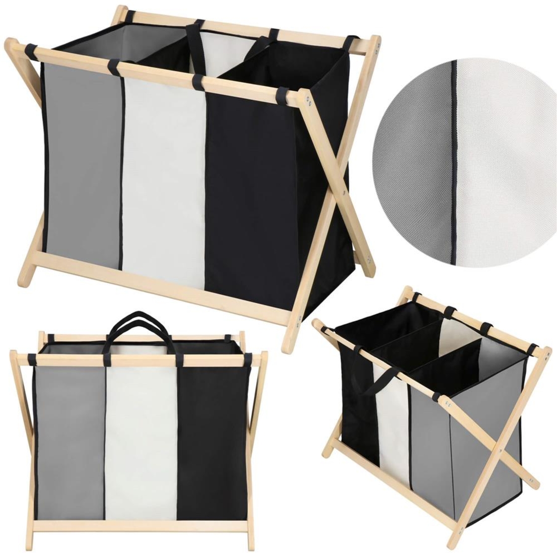 Cos de rufe cu 3 compartimente, cadru din lemn, 67x42x57 cm, 105 litri