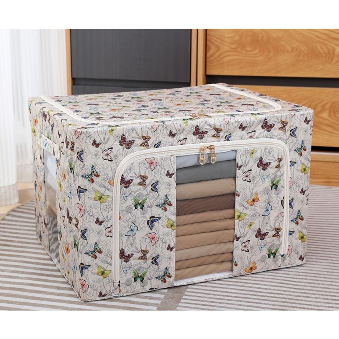 Cutie Depozitare, Vafy, 66L, din Material Textil, 50 x 40 x 33 cm, pentru Haine si Lenjerii, Model Fluturasi, Multicolor