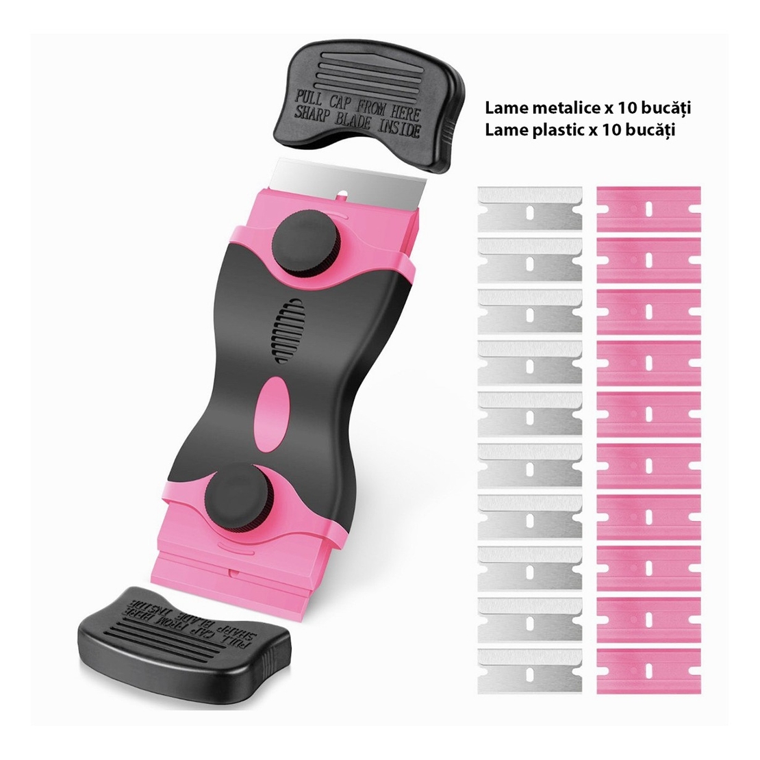 Racleta Multifunctionala pentru Curatare Sticla si Ceramica, Flippy, Design Ergonomic, Maner Anti-alunecare, Include 20 de Lame de Schimb, 12,5 x 4,5 cm, Roz