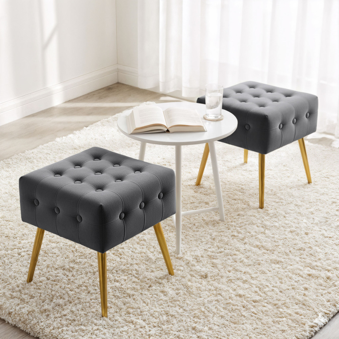 Taburet tapitat Quadra, velur, cu picioare metalice, 40x40x42 cm, gri