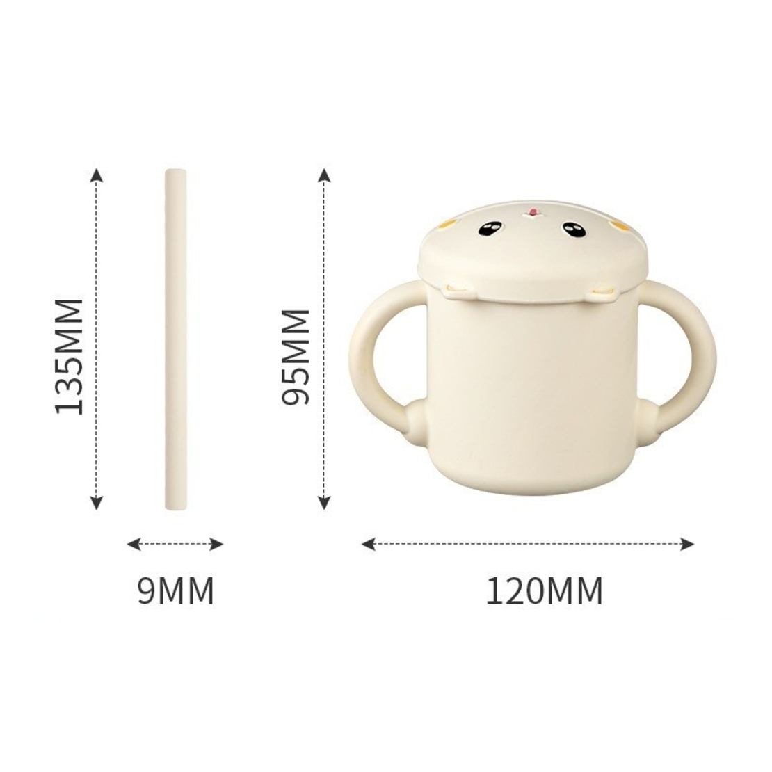 Set 2 Piese Hranire Bebelusi si Copii, Flippy, Cana cu Capac si Pai, din Silicon, fara BPA, de la 12 Luni, Model Pisicuta, 12 x 9.5 x 11 cm, Bej