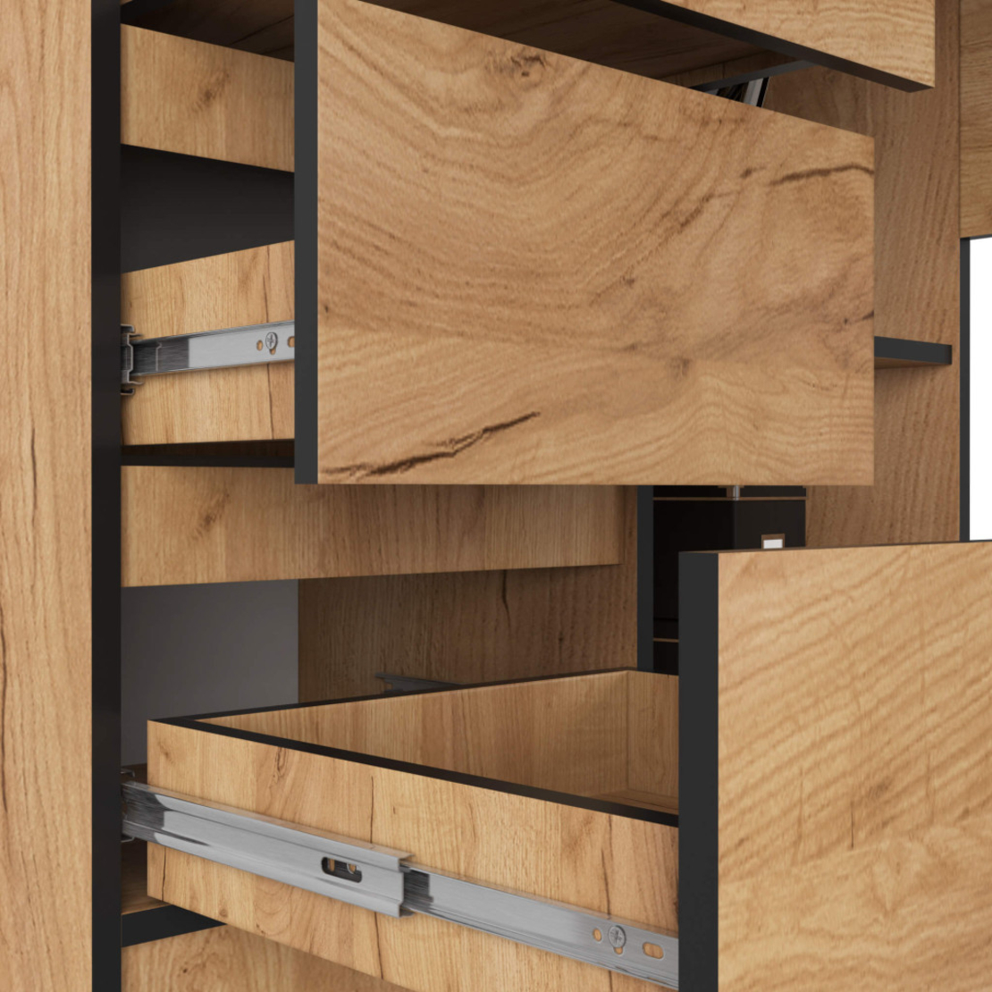 Birou colt stanga, cu 3 sertare si rafturi, PAL laminat, 124x85x77 cm, stejar craft