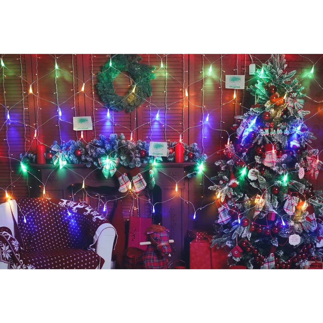 Sectiune Instalatie de Craciun Vafy, Tip Plasa, 80 LED-uri, 2 m x 1 m, 8 jocuri de lumini, Interconectabila, Fir transparent, Multicolor