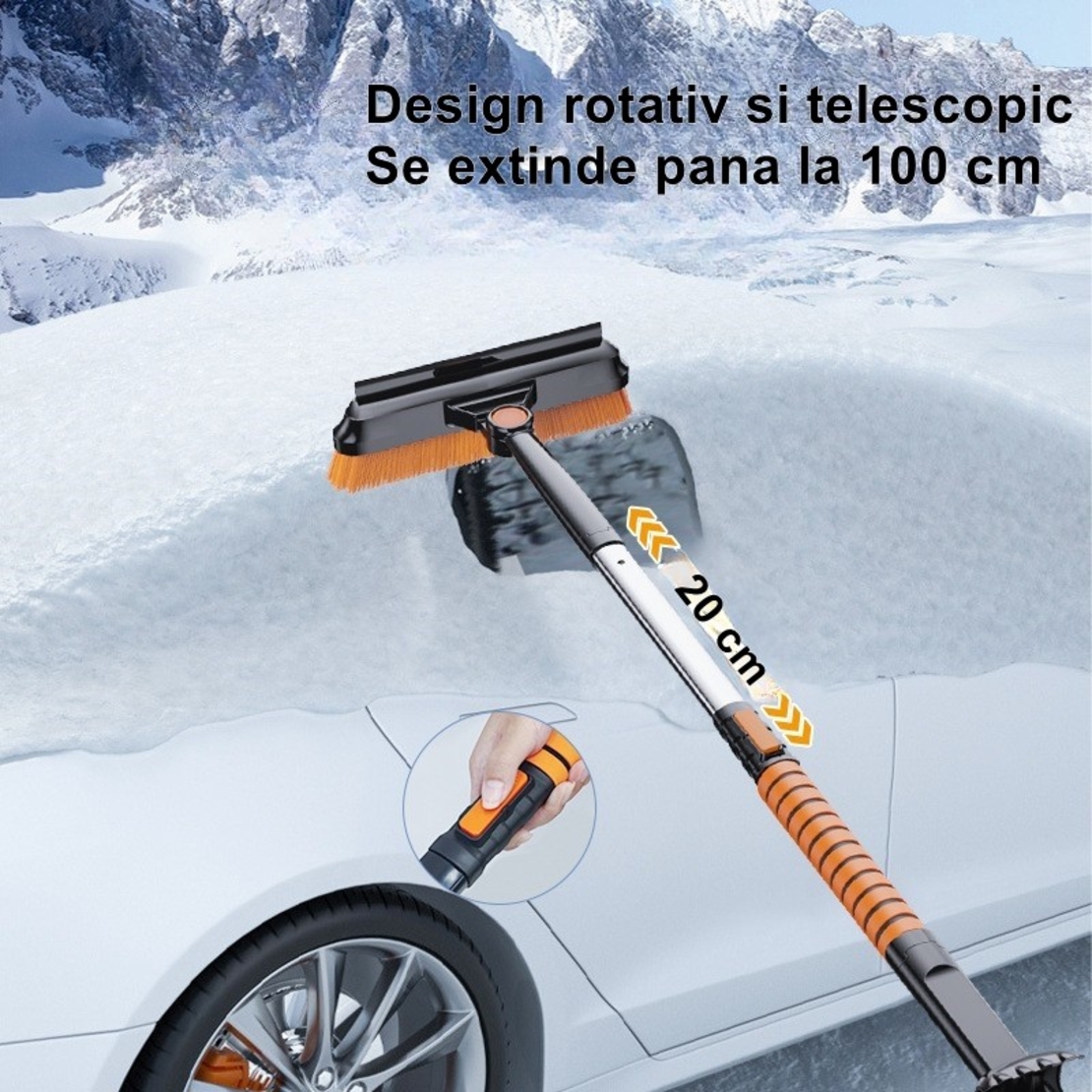 Perie si Racleta Rotativa 3 in 1, Flippy, Perie Auto pentru Zapada, Telescopica, Detasabila, Material Aluminiu si ABS, 100 x 25 cm, Negru