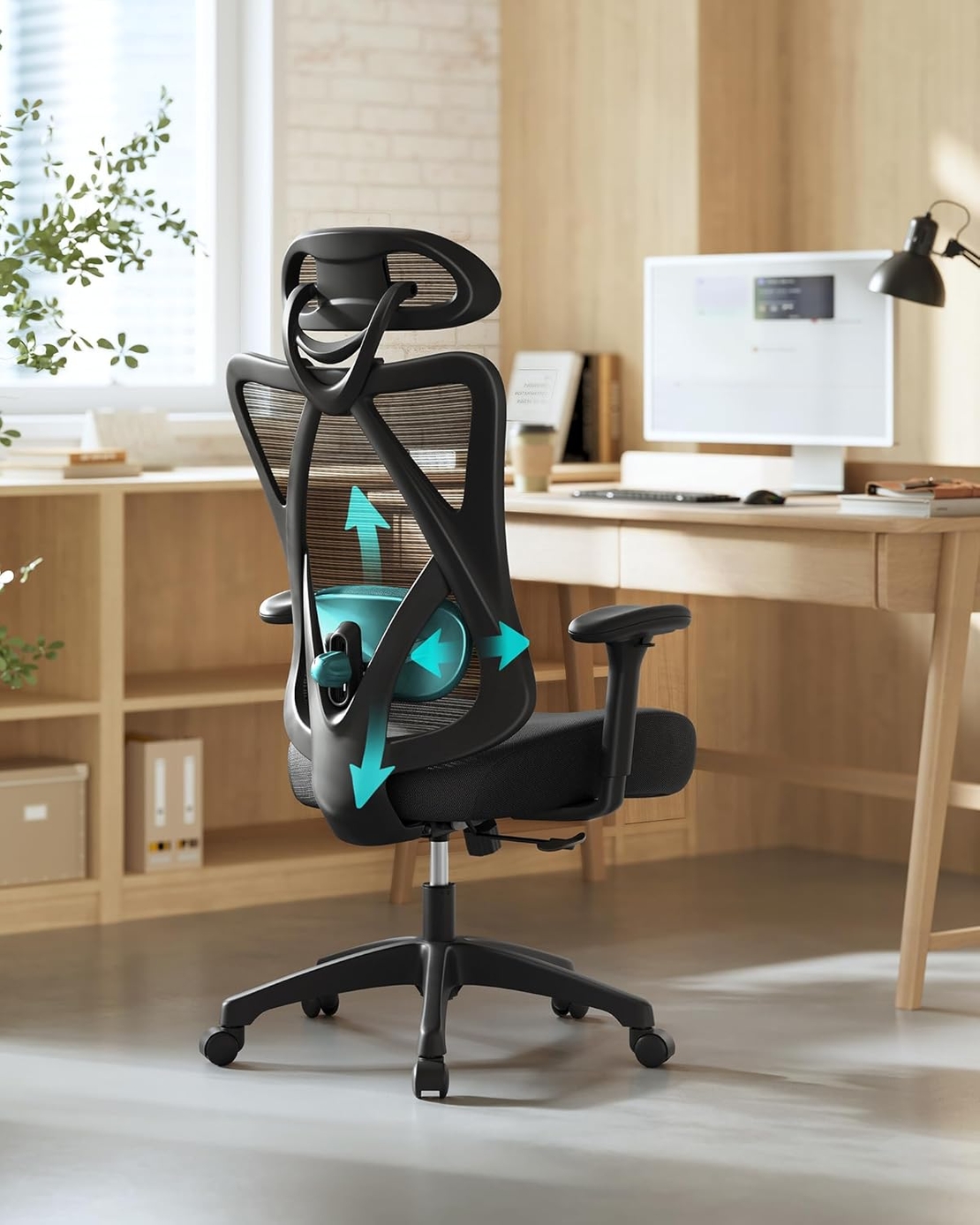 SONGMICS Scaun de birou ergonomic reglabil cu suport lombar si tetiera, maxim 120 kg, 70x70x125 cm, negru
