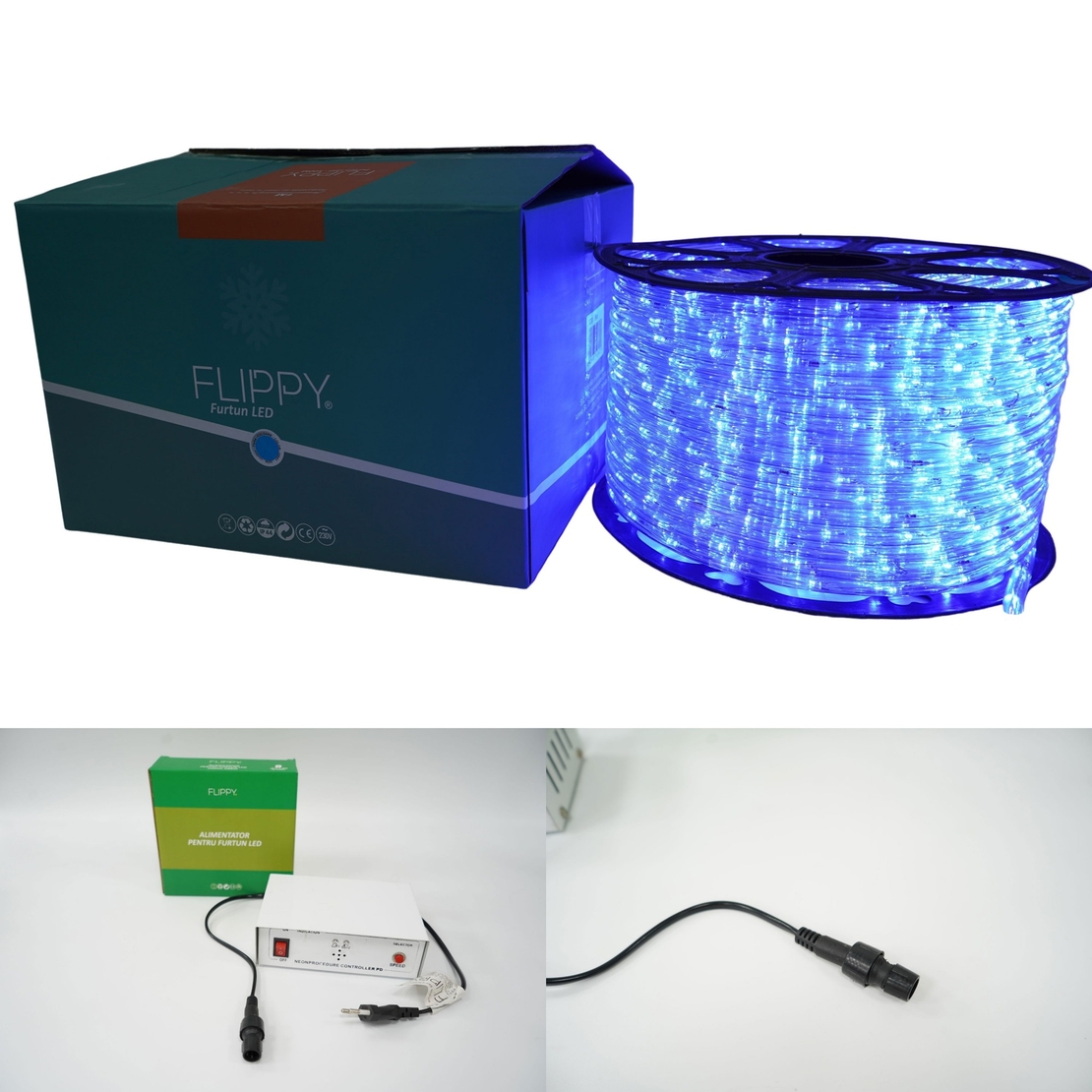 Instalatie Craciun, 80 m, 1920 Led-uri, Furtun Luminos, Albastru, Transformator, 8 jocuri de lumini, Sectionabila, 220 V, Vafy