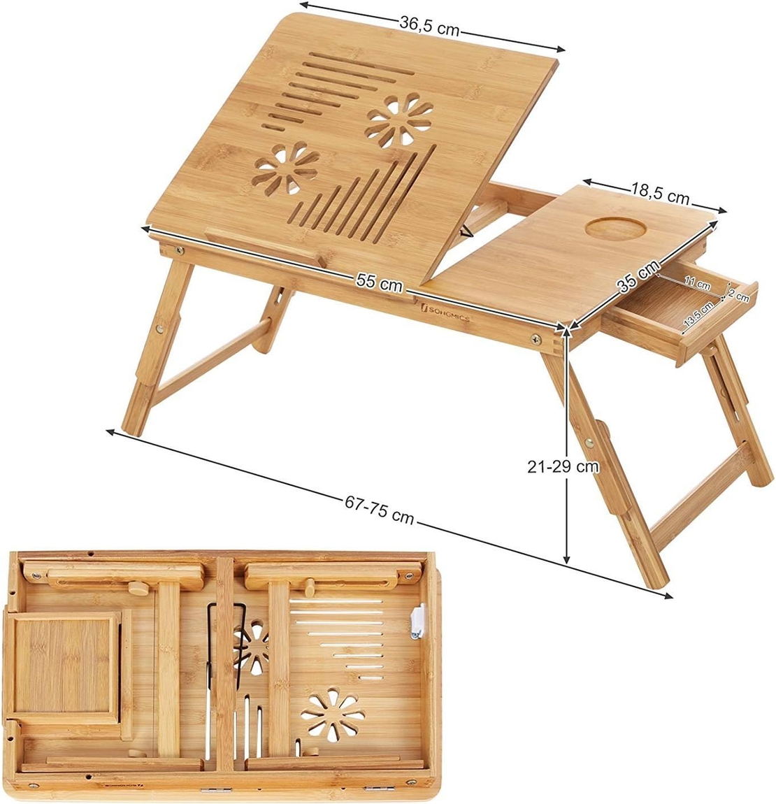 SONGMICS Masa de pat pentru laptop, plabila si reglabila, bambus, 55x35x29 cm, maro
