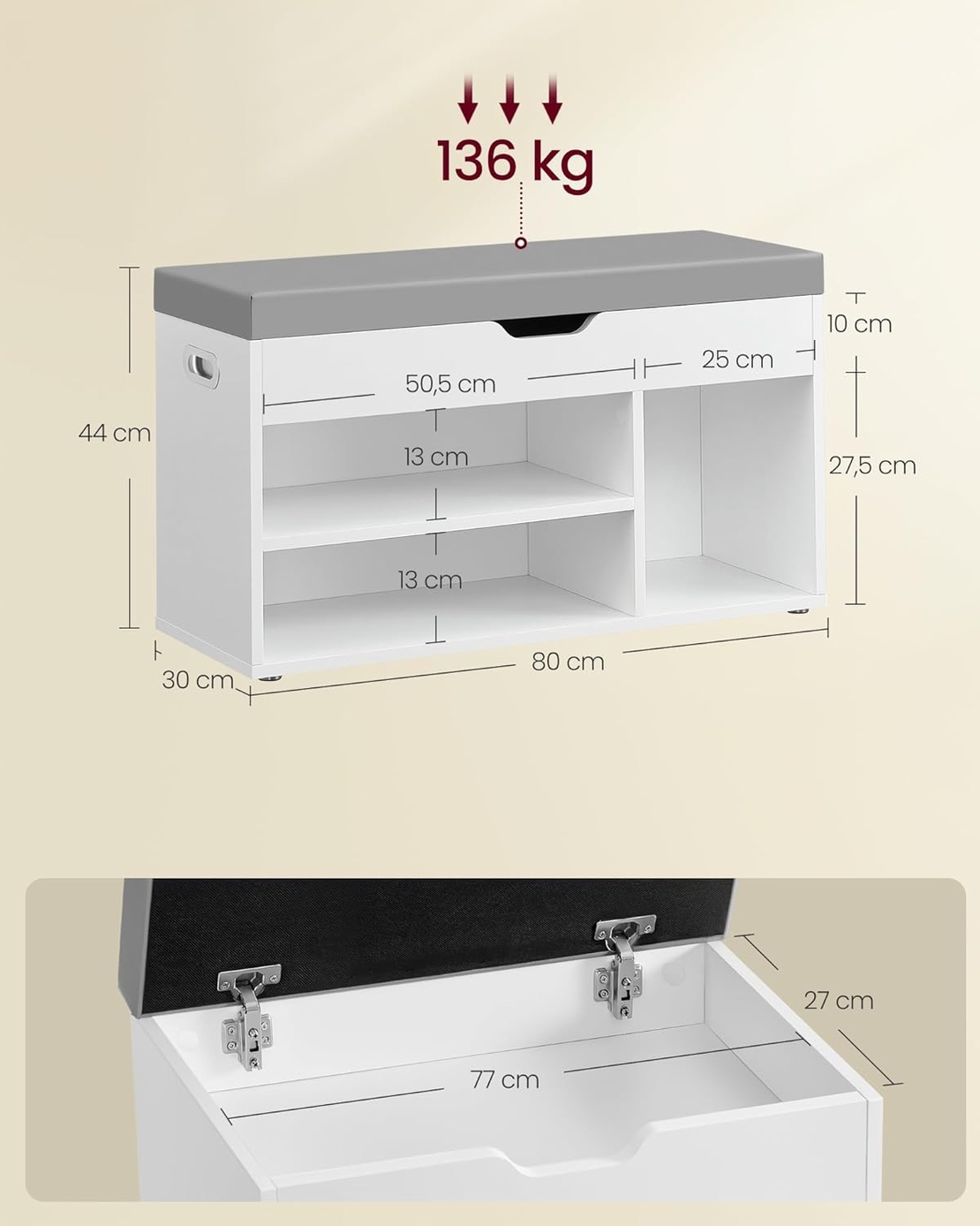 VASAGLE Pantofar cu banca, capitonata, 3 compartimente, sarcina 150 kg, 30x80x44 cm, modern, alb