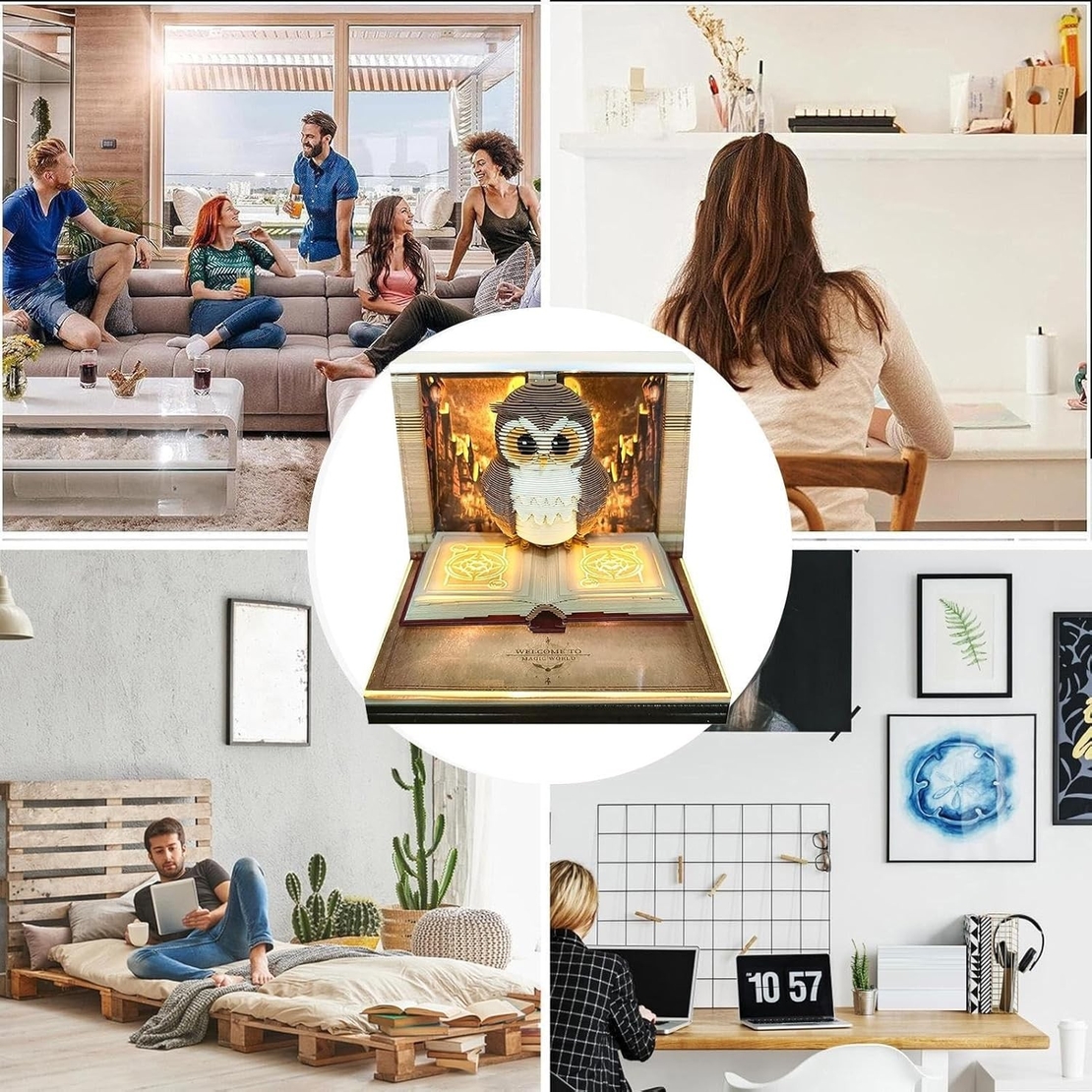 Calendar Interactiv 3D 2026, Flippy, Calendar de Sculptura cu Luminite LED, Bufnita Magic World, pentru Copii, Calendar de Birou Ornamentat, 9 x 9 x 6.8 cm, Maro