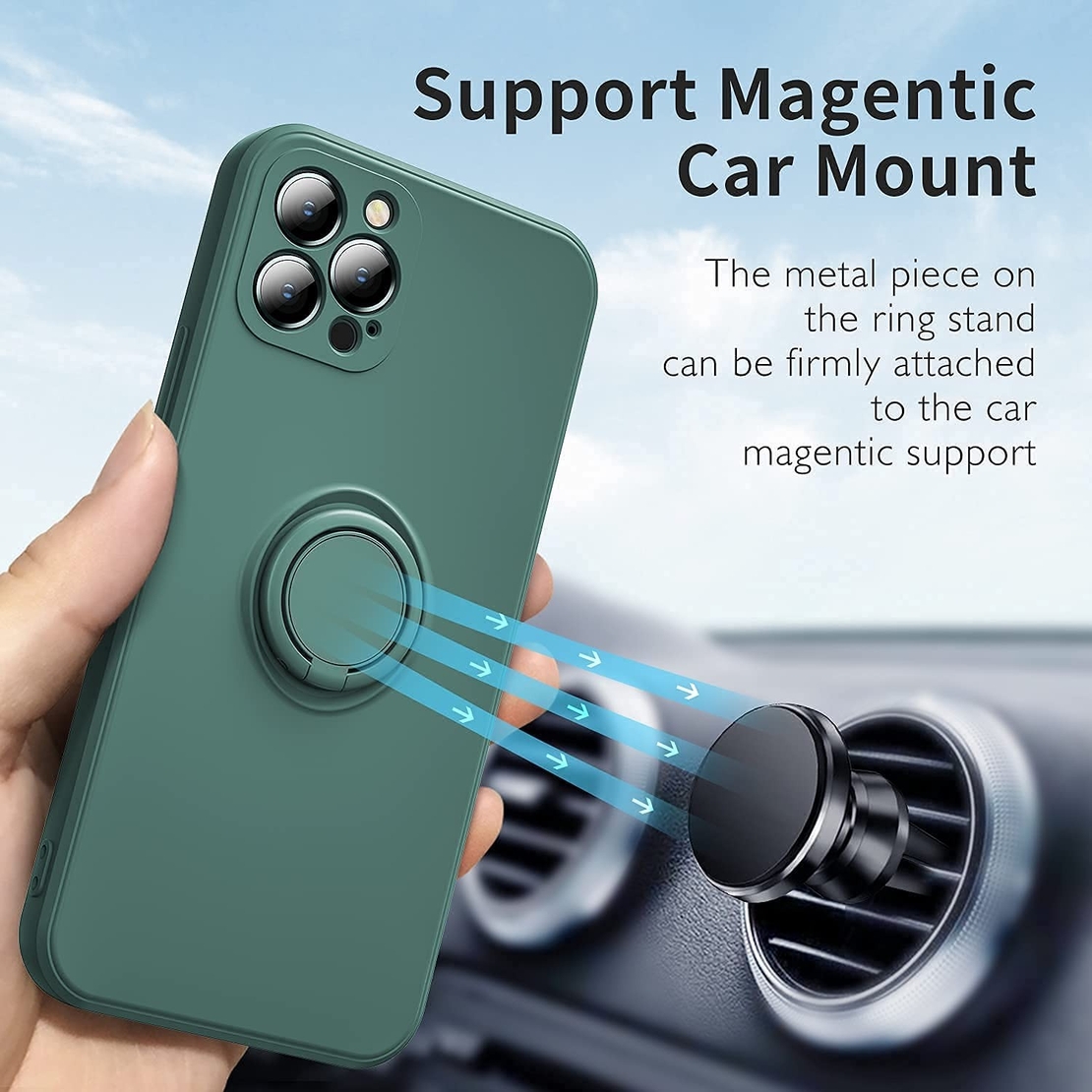 Husa protectie Vafy compatibila cu Apple iPhone 12 Pro Liquid Silicone Ring cu suport rotativ Verde